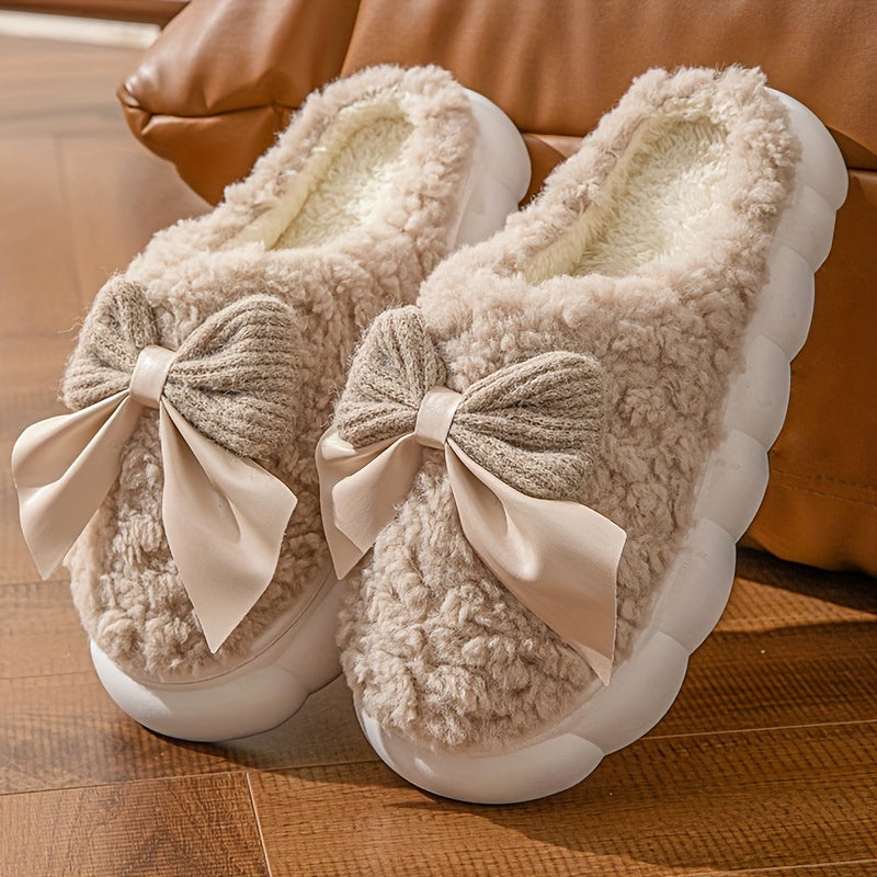 1 Pair Women's Winter Warm Plush Slippers, Casual Solid Color Bowknot Indoor House Shoes, Thick Sole Non-Slip Warm Footwear, Essential Autumn/Winter Home Slides with Superfine Fiber Insole and TPU Sole
